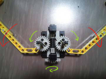 100%, 開くアームのギアの動き 100%, 開くアームのギアの動き